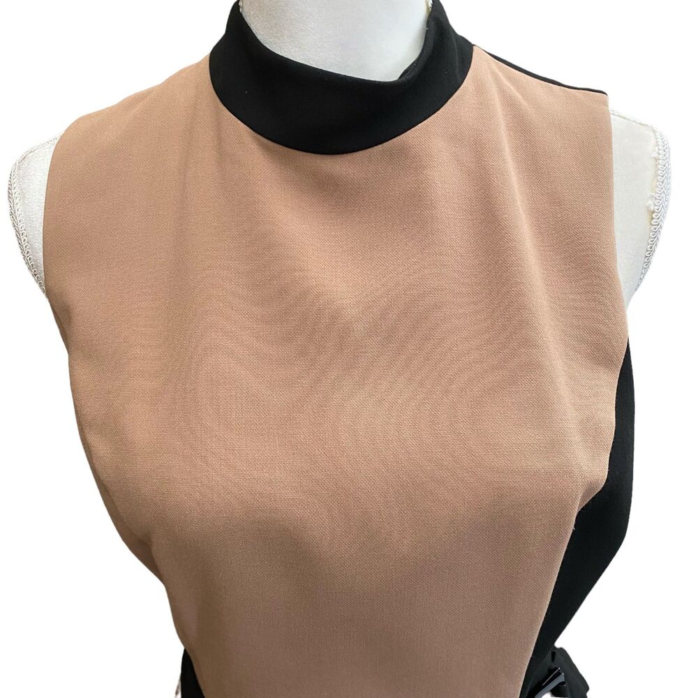 WHITE HOUSE BLACK MARKET Camel and Black Midi Semi-Wrap Sleeveless Dress Size 8